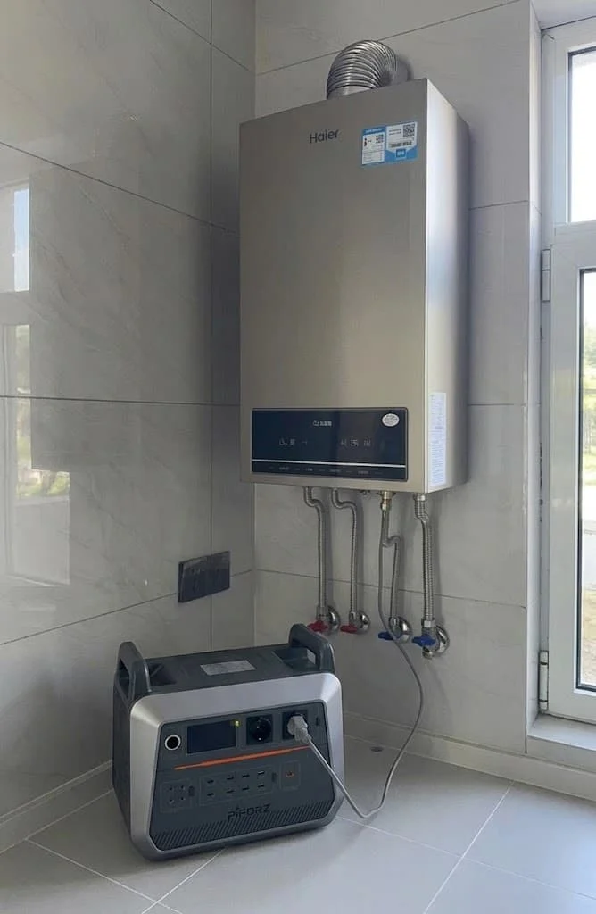 A portable power station plugged into a residential gas heating furnace to provide emergency battery backup power during an outage.
