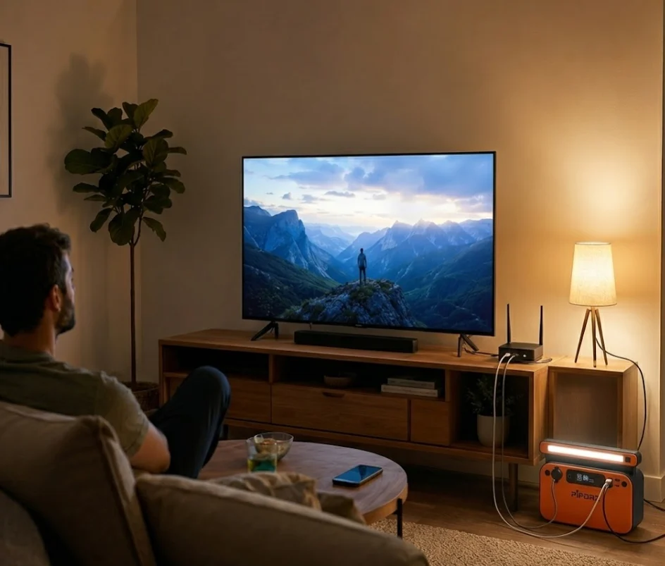 Portable power station powering a TV, WiFi router, and lamp during a home outage