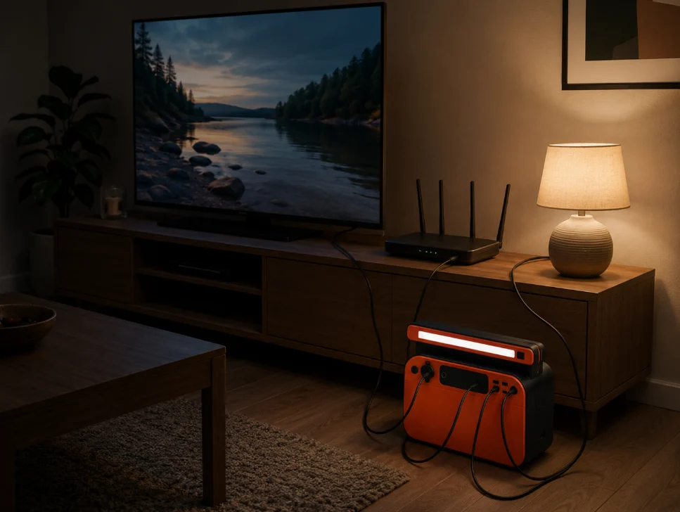 Portable power station powering a TV, WiFi router, and lamp during a home outage