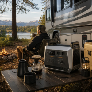 Portable power station on a picnic table beside an RV at a lakeside sunset campsite, showing a quiet alternative to a 50 amp RV generator.