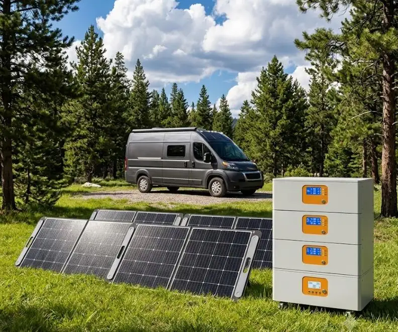 Ground-mounted folding solar panels array set up in front of a campervan van to charge a stacked lithium battery bank outdoors.