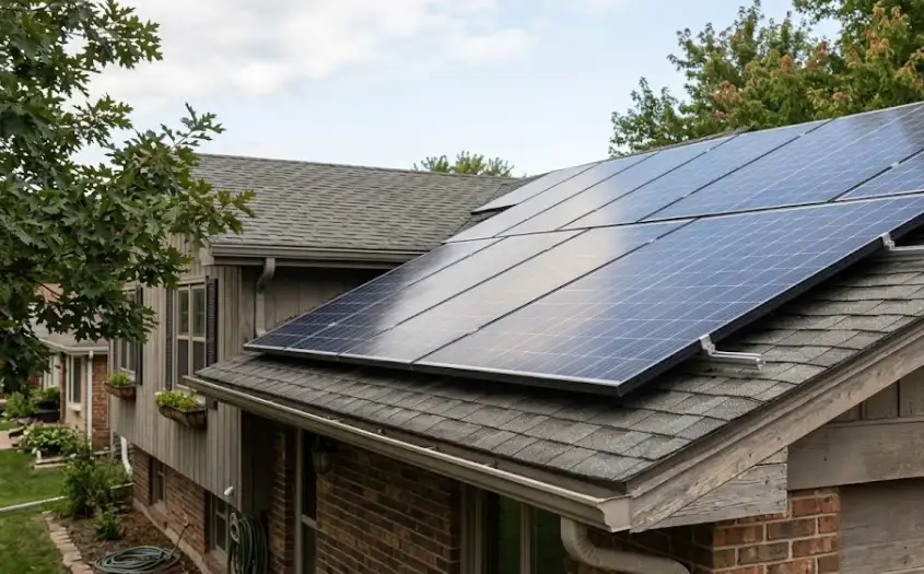 Residential home with rooftop solar panels surrounded by trees