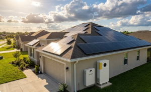 Photorealistic view of a suburban house rooftop with solar panels, a hybrid inverter, and a wallmounted battery pack for home energy storage.