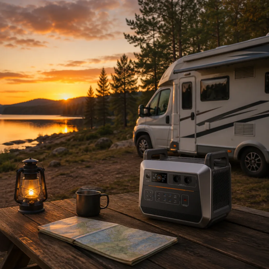 Camper relaxing beside an RV while a portable power station powers coffee gear and camping essentials at a lakeside campsite.
