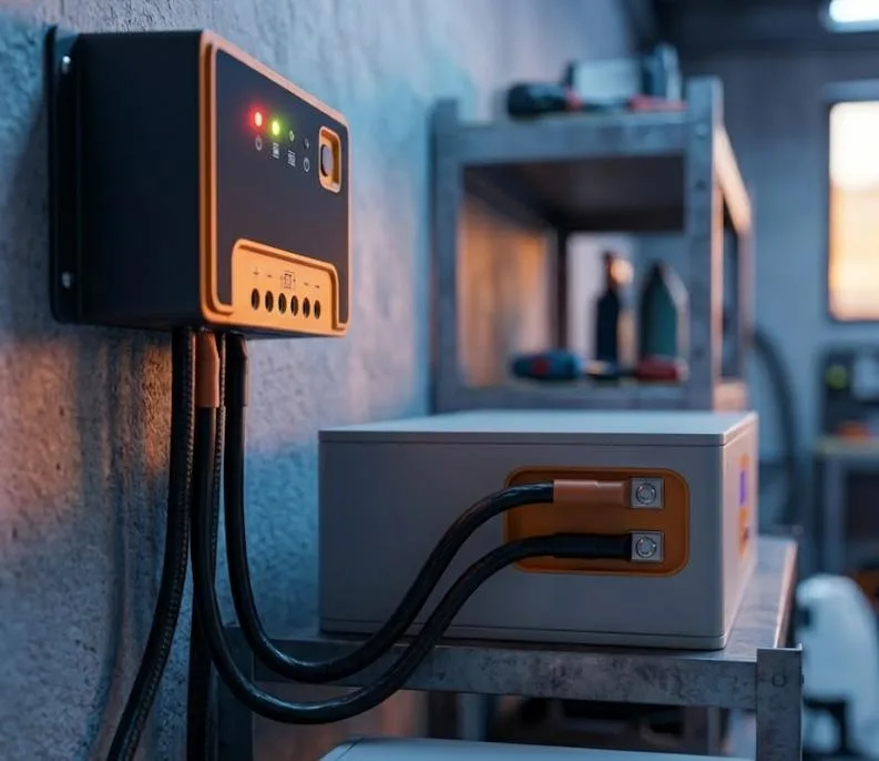 Wall-mounted MPPT solar charge controller with heavy-duty cables connected to a lithium battery in an off-grid setup.