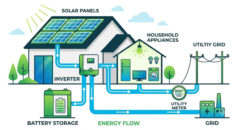 Flat vector infographic showing the flow of solar electricity from rooftop panels through an inverter to a battery bank, then powering household devices and the utility grid.