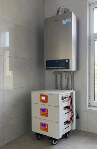 A stackable LiFePO4 battery energy storage system connected to a gas furnace, providing long-term backup power.
