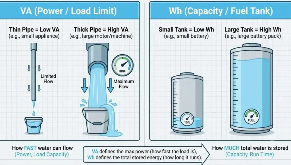 Diagram explaining the difference between VA apparent power and Wh battery capacity for battery backup calculations