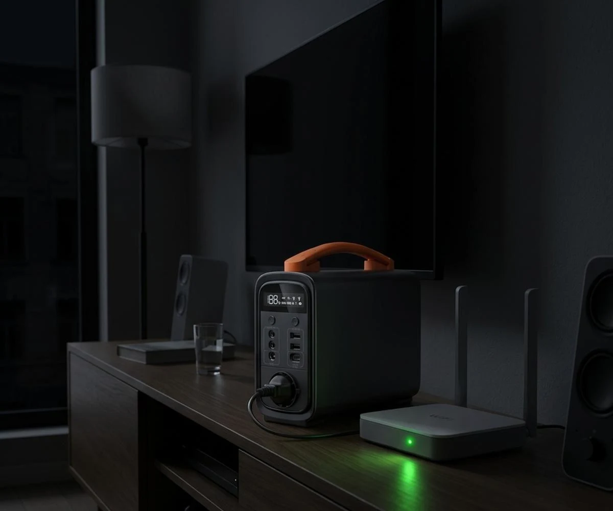 WiFi router powered by a battery backup station during a home power outage