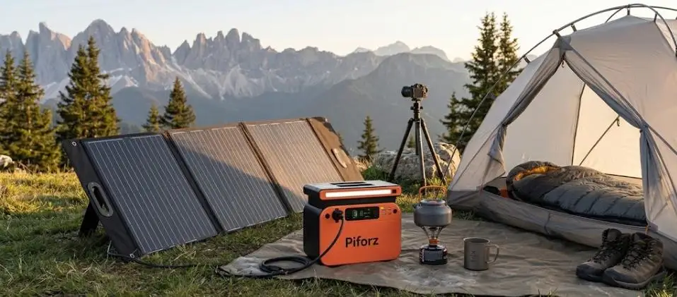 A 200W foldable solar panel connected to a portable power station next to a camping tent in the mountains