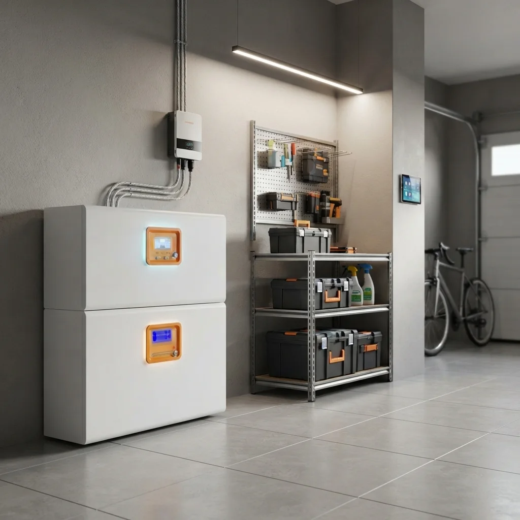 An all-in-one solar energy storage battery system installed in a garage with tools and a bicycle in the background.