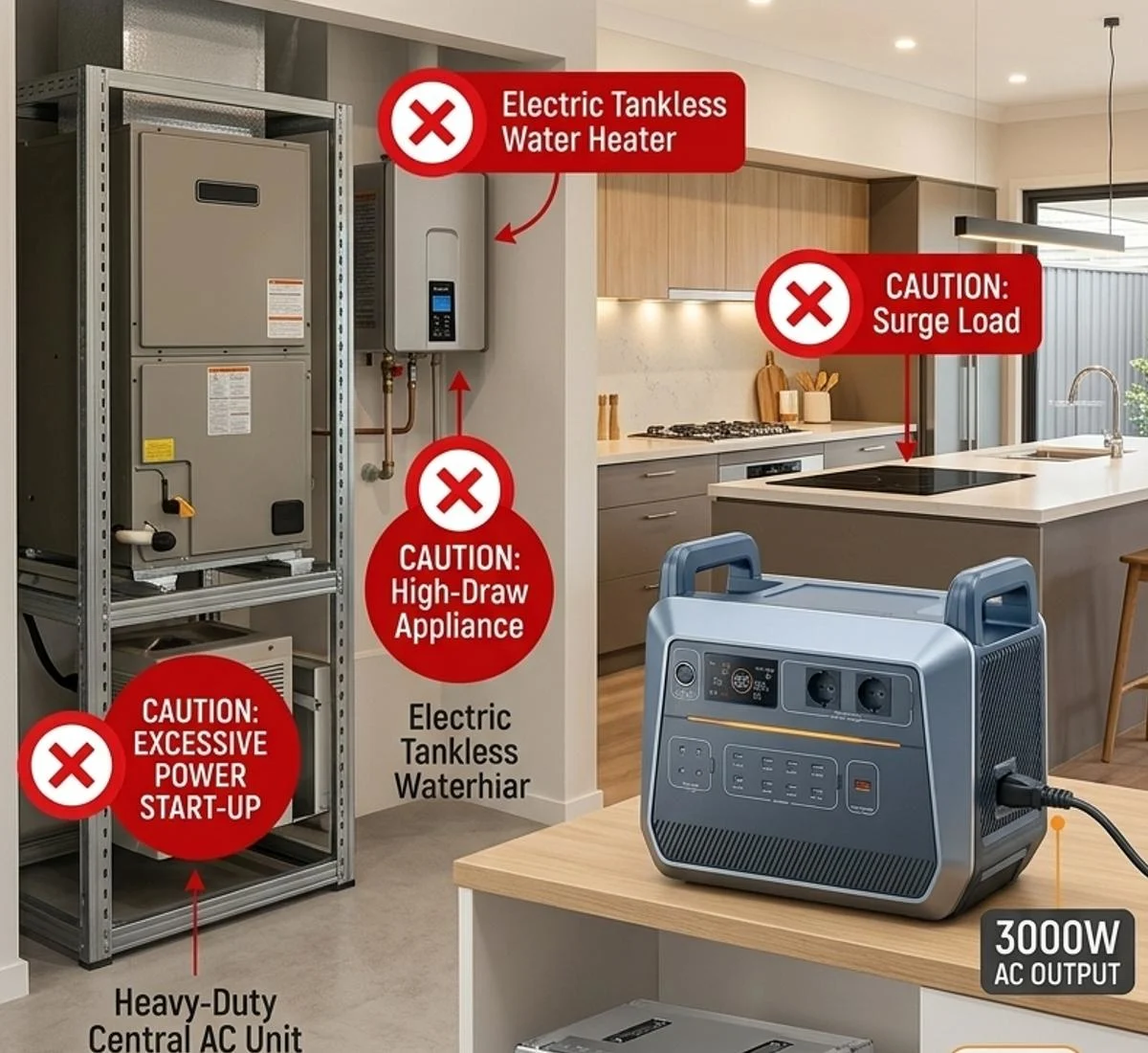 Graphic showing heavy appliances like central air conditioning and water heaters that a portable solar generator cannot run