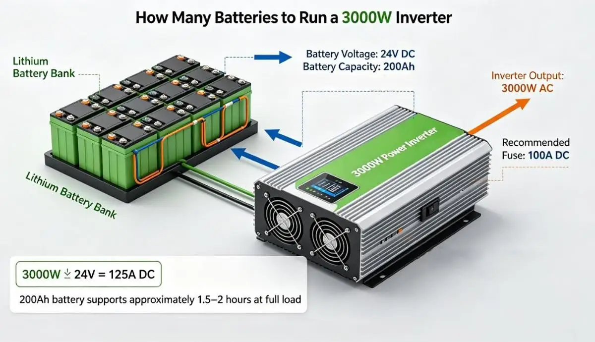 Diagram showing how many batteries are needed to run a 3000W inverter with system voltage and capacity details
