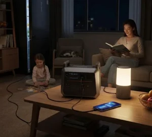 A family in a living room using a portable power station to power a lamp, phone, and refrigerator during a night power outage.