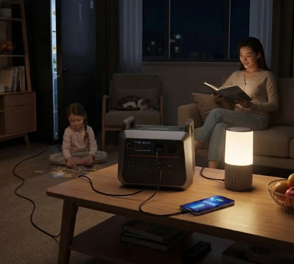 A family in a living room using a portable power station to power a lamp, phone, and refrigerator during a night power outage.