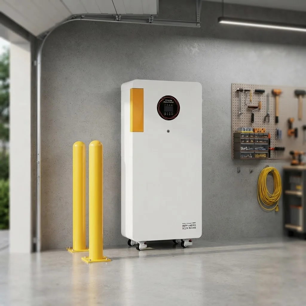 A floor-standing home battery installed in a garage alongside yellow safety bollards to prevent vehicle impacts.