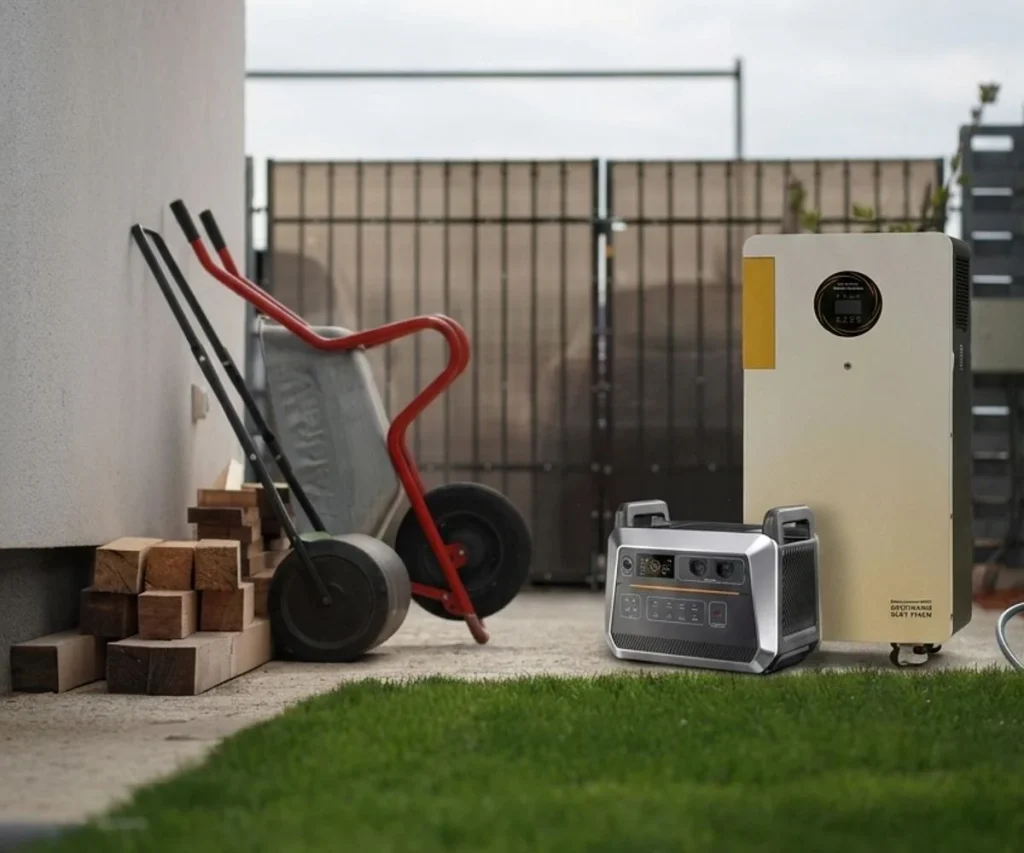 Residential battery energy storage system mounted on a wall next to a portable solar generator with foldable solar panels