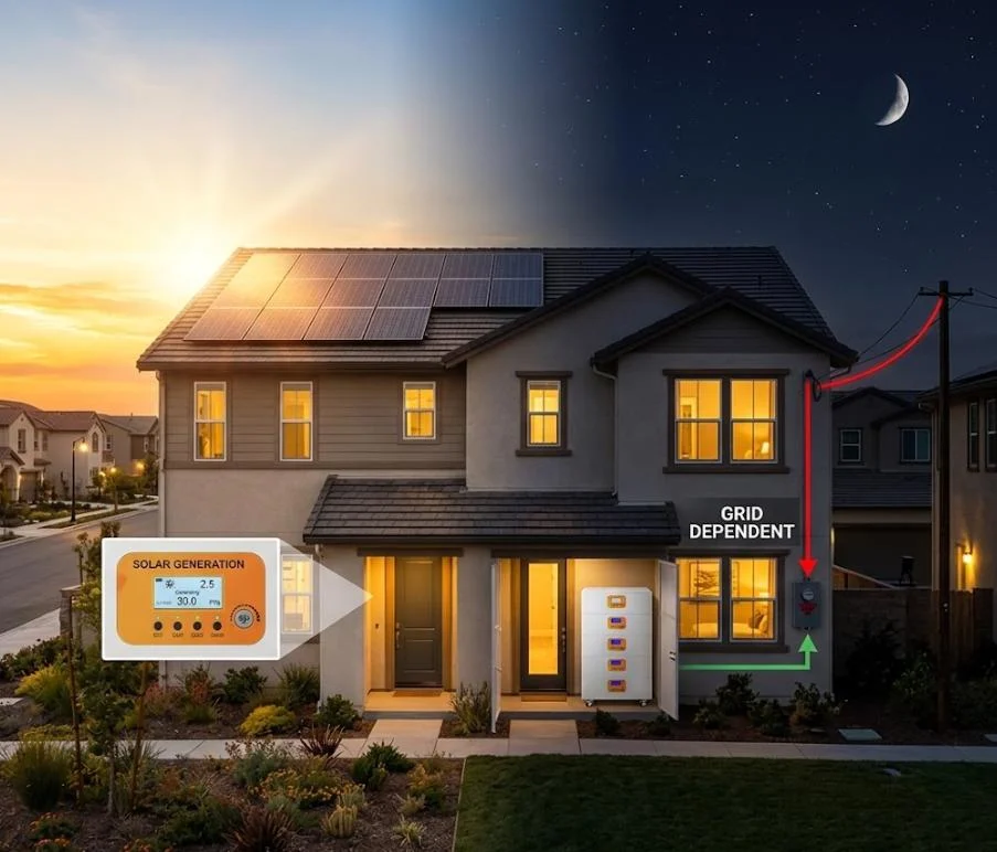 Diagram showing home daytime solar generation and nighttime battery power discharge for energy independence