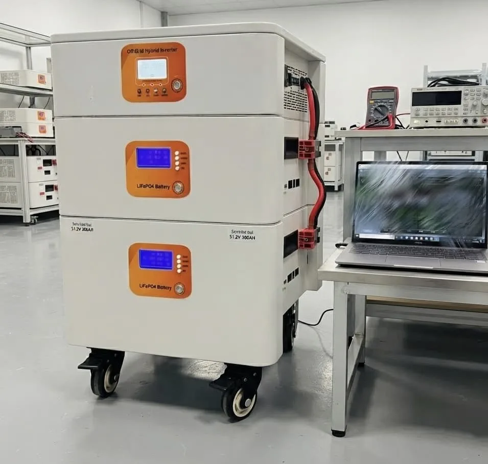 Stackable home energy storage system units with LiFePO4 batteries connected to a testing laptop in an industrial setting.