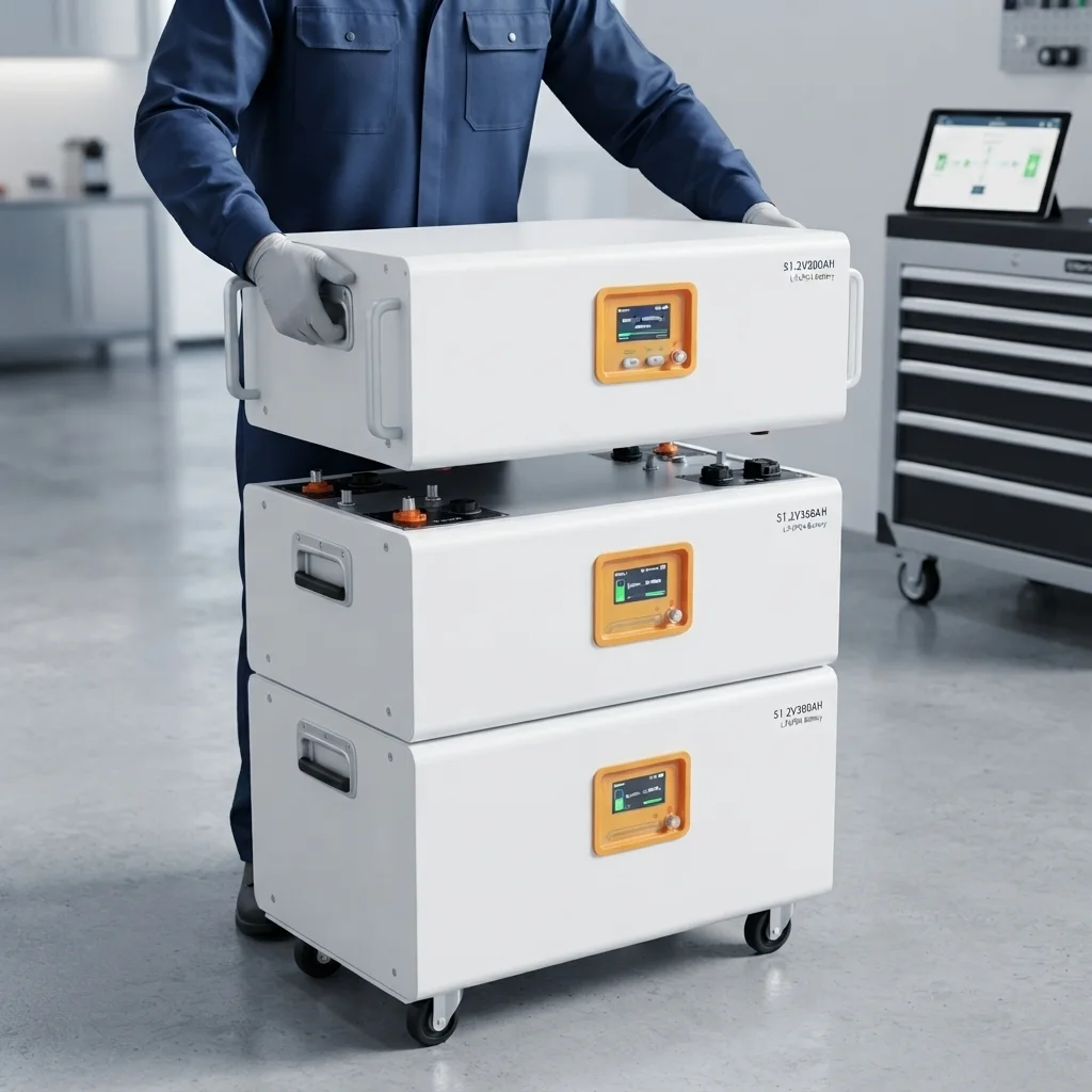 A technician wearing protective gloves stacking and installing a modular LiFePO4 battery unit for energy storage.