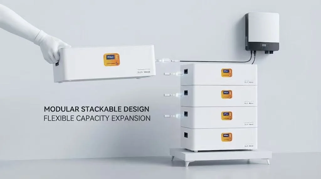 A person installing an additional modular battery unit onto a stackable home energy storage system.