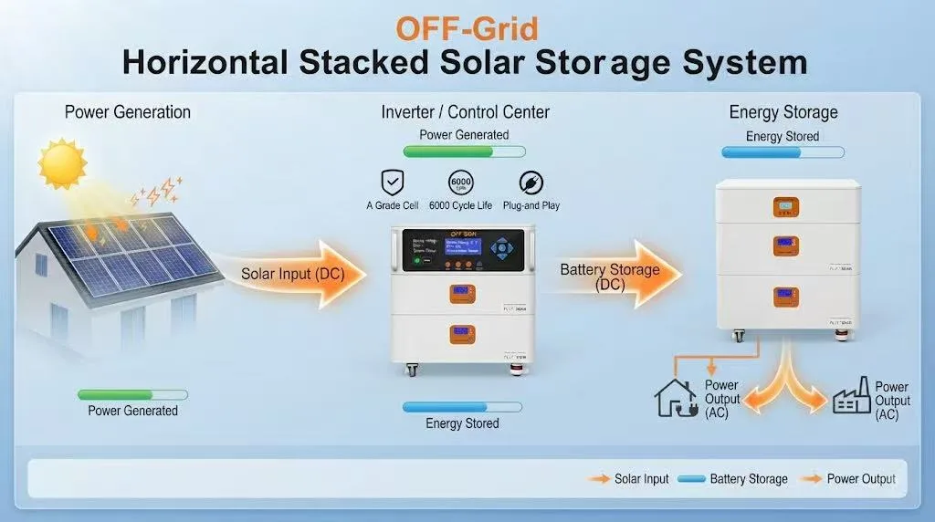 A diagram showing the connection between solar panels, an inverter control center, and a horizontal stacked battery storage system.
