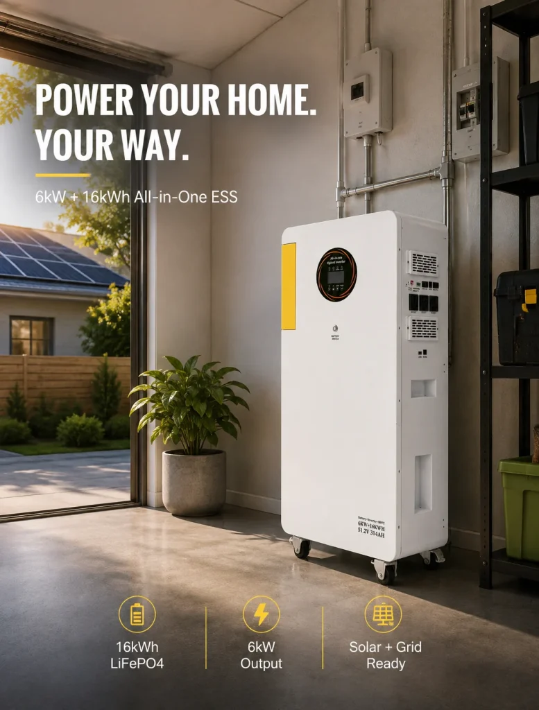 The Piforz 6kW and 16kWh movable all-in-one home battery system placed indoors with a view of an outdoor patio.