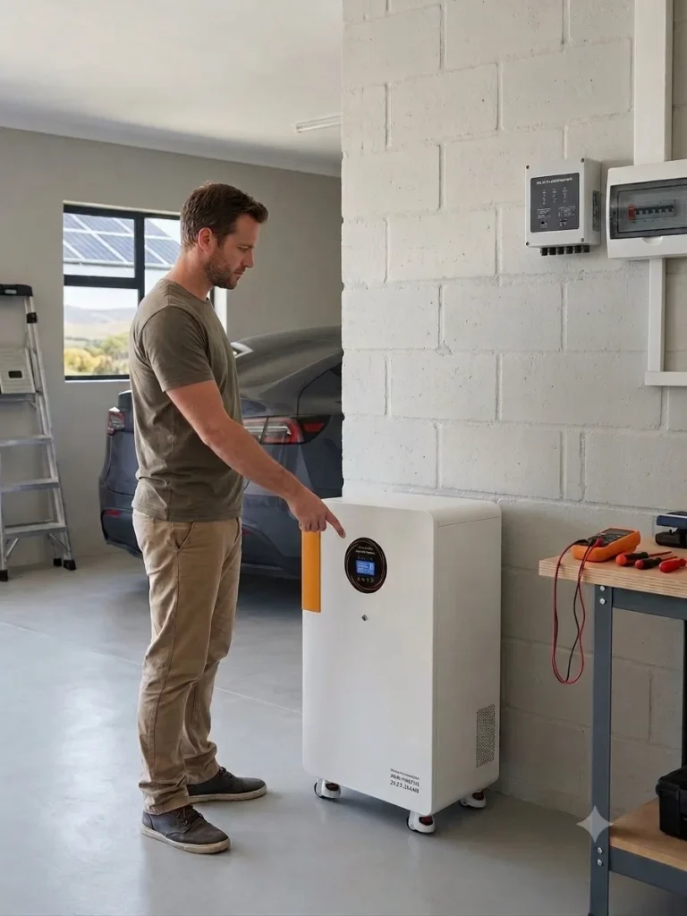 A homeowner inspecting a modern wheeled and portable all-in-one home battery system inside a garage.