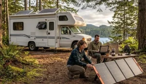 A woman setting up a portable solar panel to charge an off-grid system at an RV campsite in the woods