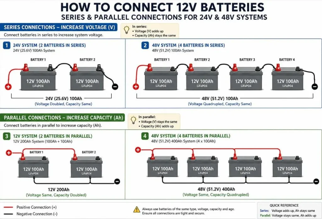 Wiring diagram showing 12V battery series and parallel connections for 24V and 48V inverter systems