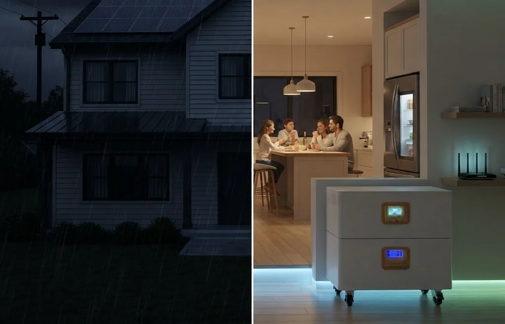 A split-screen comparison showing a dark house during a power grid failure on the left and a brightly lit home powered by a solar battery on the right