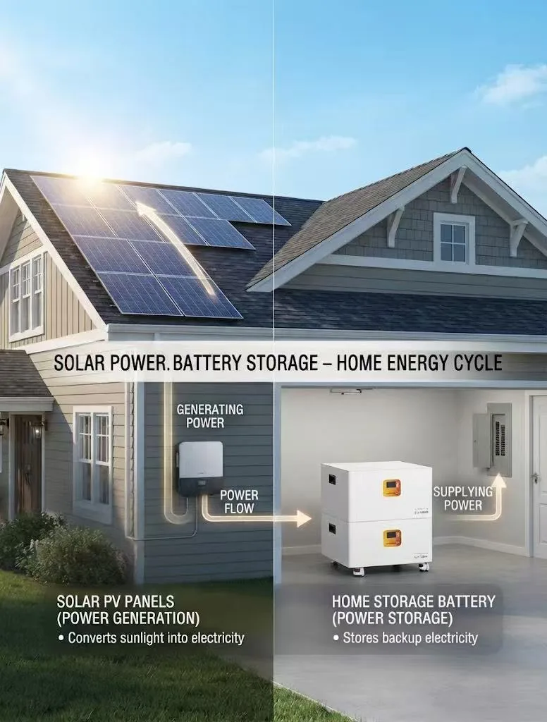 A residential house with solar PV panels generating power that flows into a home storage battery for later use.