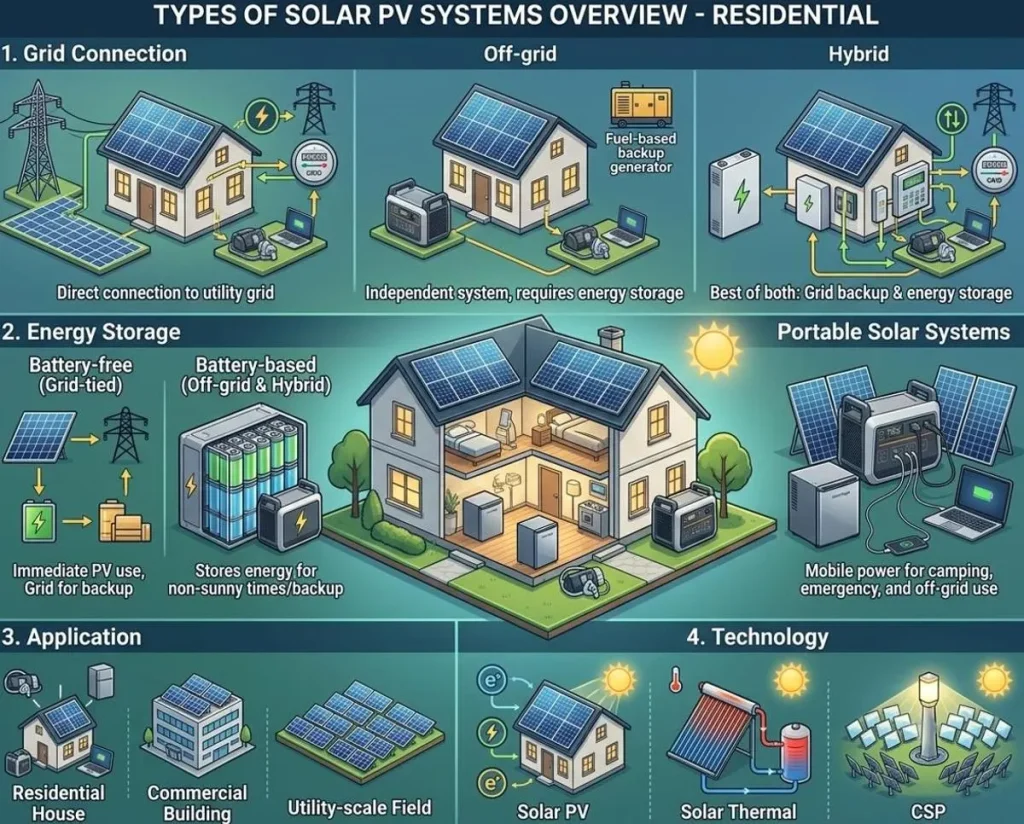 Diagram showing solar system classifications by grid connection, battery storage configuration, application scenario, and PV thermal technology