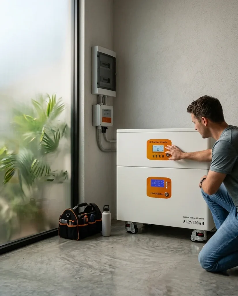 A man kneeling down to check and operate the digital control panel of a home solar battery hybrid inverter system.