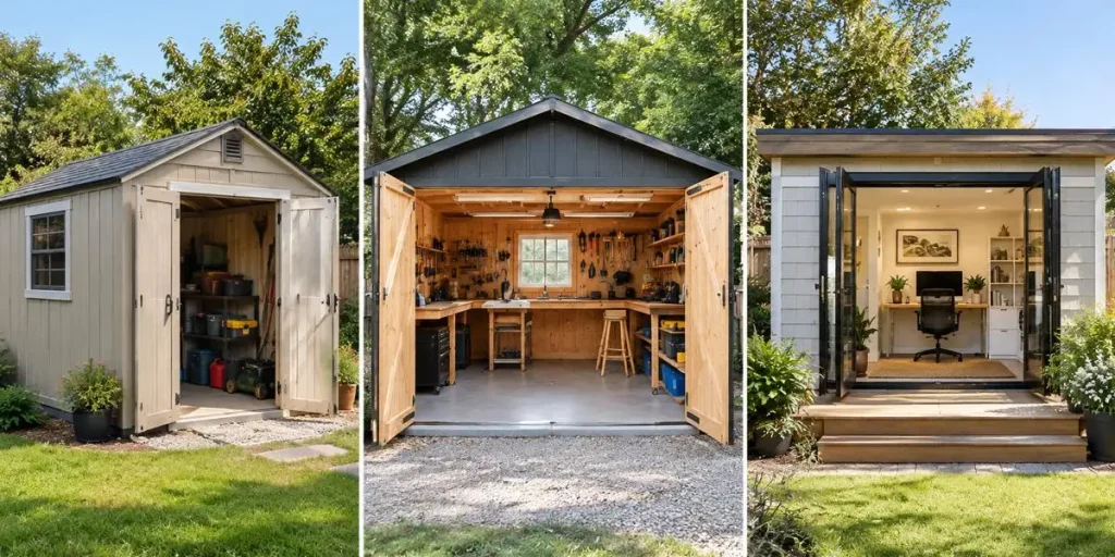 Comparison chart of solar energy demand and appliances for storage, workshop, and office sheds