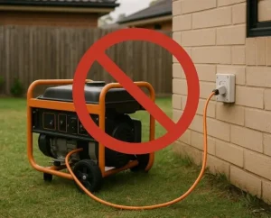 Portable generator plugged directly into an outdoor wall outlet with a large red prohibition sign showing backfeeding is dangerous.