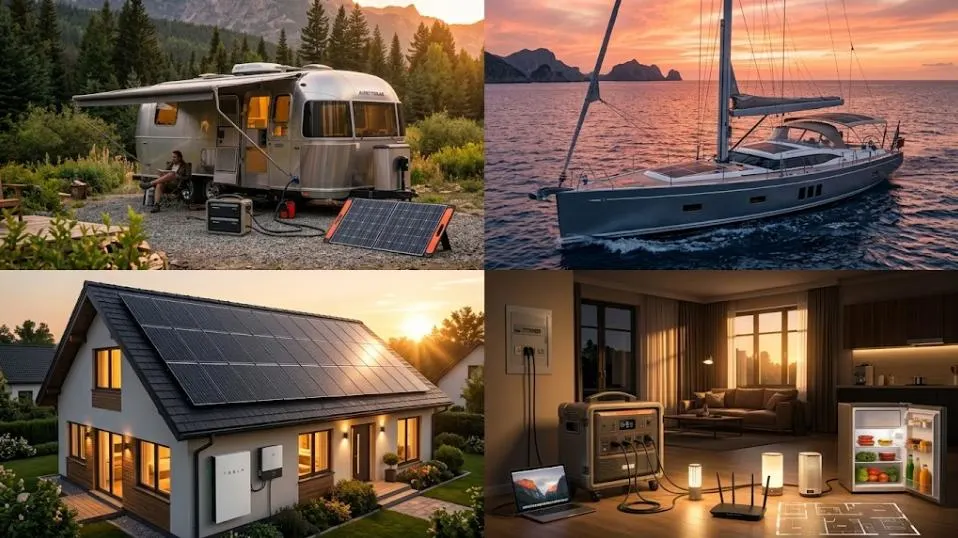 Four primary applications of deep cycle batteries: RV boondocking, marine boat power, home solar storage, and emergency power backup.