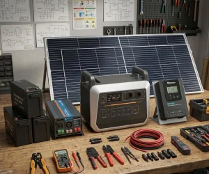 Hands-on DIY solar power system components layout with solar panels battery charge controller and inverter