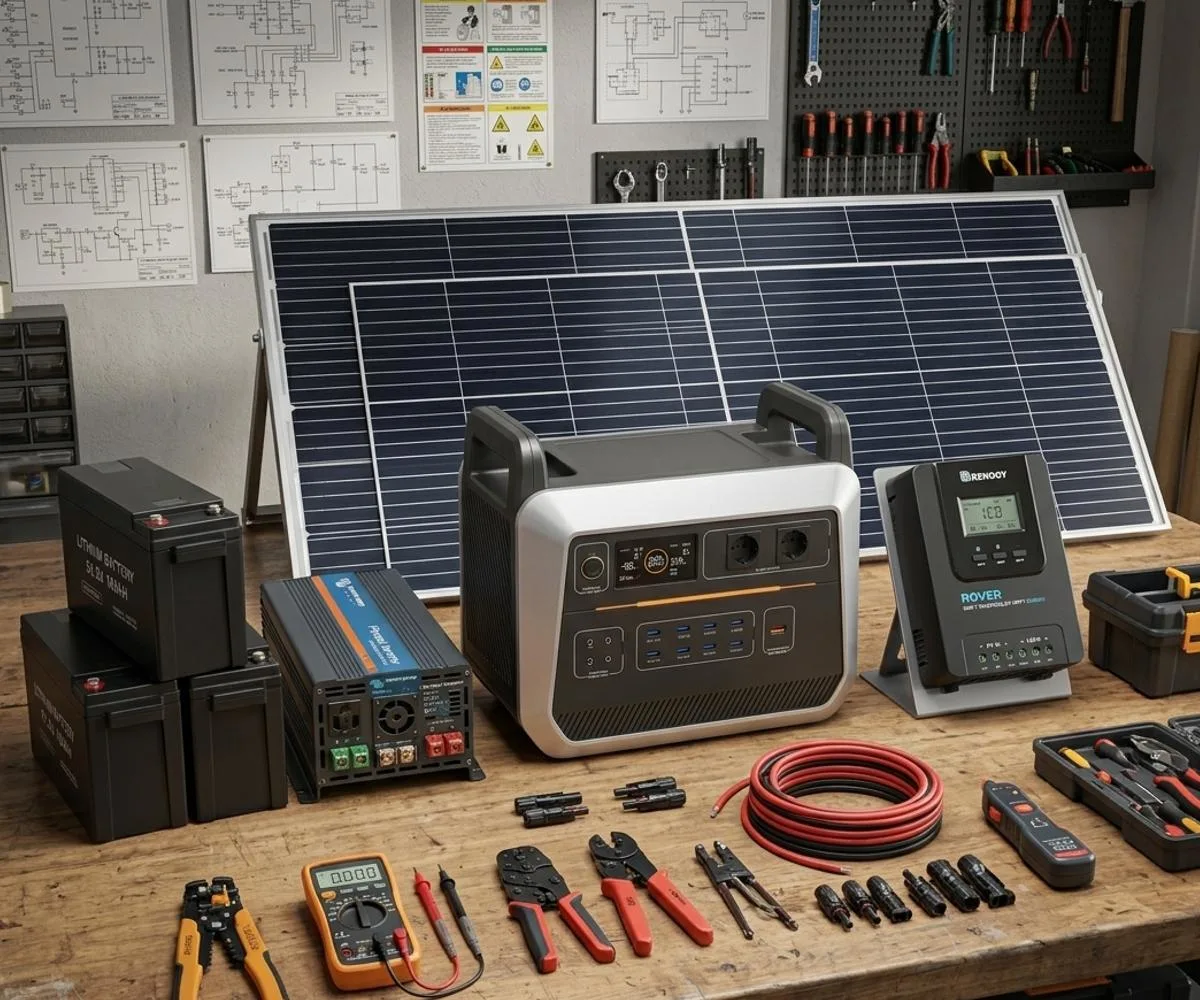 Hands-on DIY solar power system components layout with solar panels battery charge controller and inverter