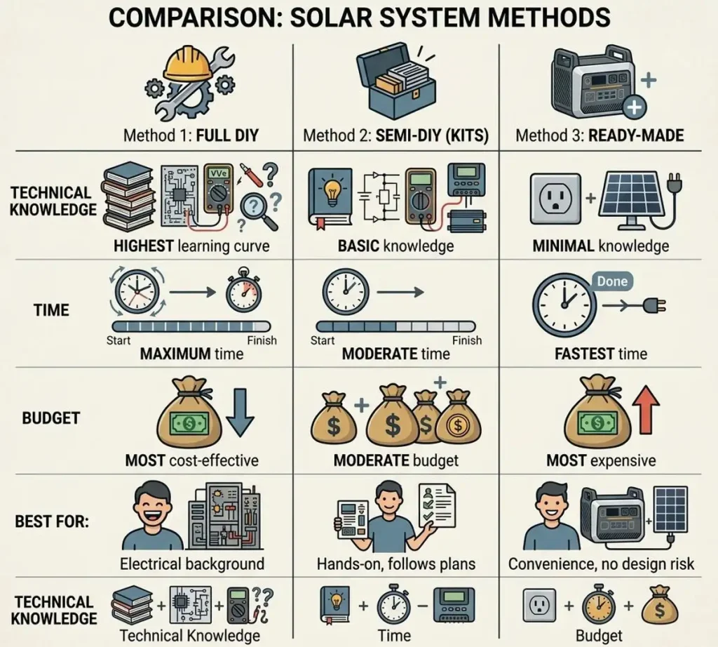 Selection matrix comparing full DIY solar setup, pre-matched solar kits, and commercial pre-built solar power systems