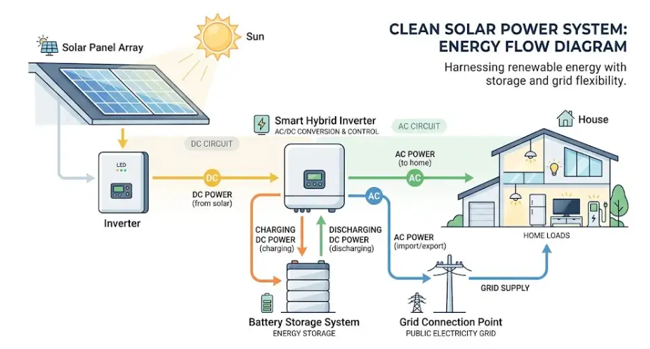 Technical diagram showing energy flow between solar panel array, smart hybrid inverter, battery storage system, home loads, and public electricity grid.