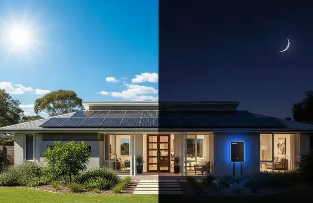 Split view of a modern house showing solar panels capturing power during the day and a home battery discharging electricity at night