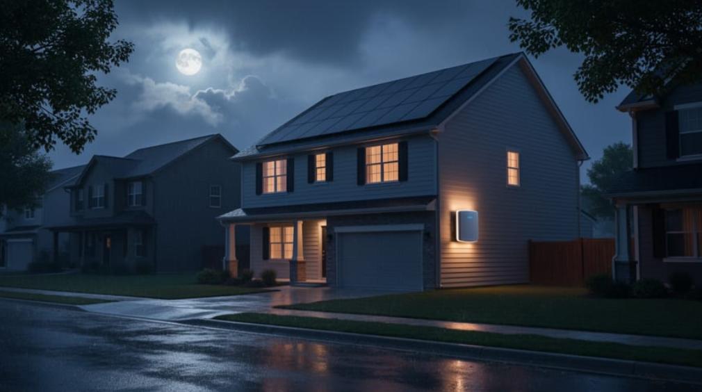 A residential house with rooftop solar panels and an outdoor wall-mounted solar battery backup system lit up during a nighttime power outage.