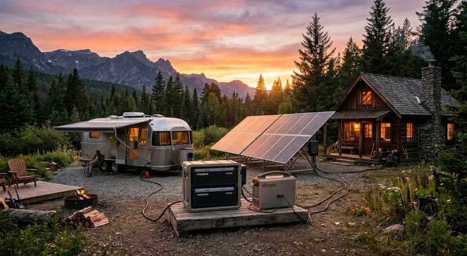 Off-grid solar deep cycle battery system connected to solar panels, powering an RV and a rustic cabin at sunset.