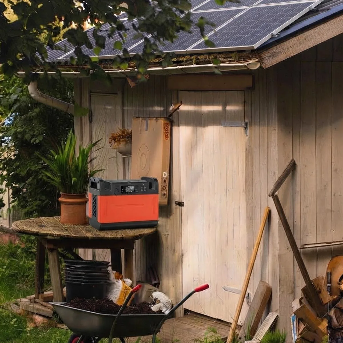Backyard workshop shed powered by roof-mounted solar panels and portable power station