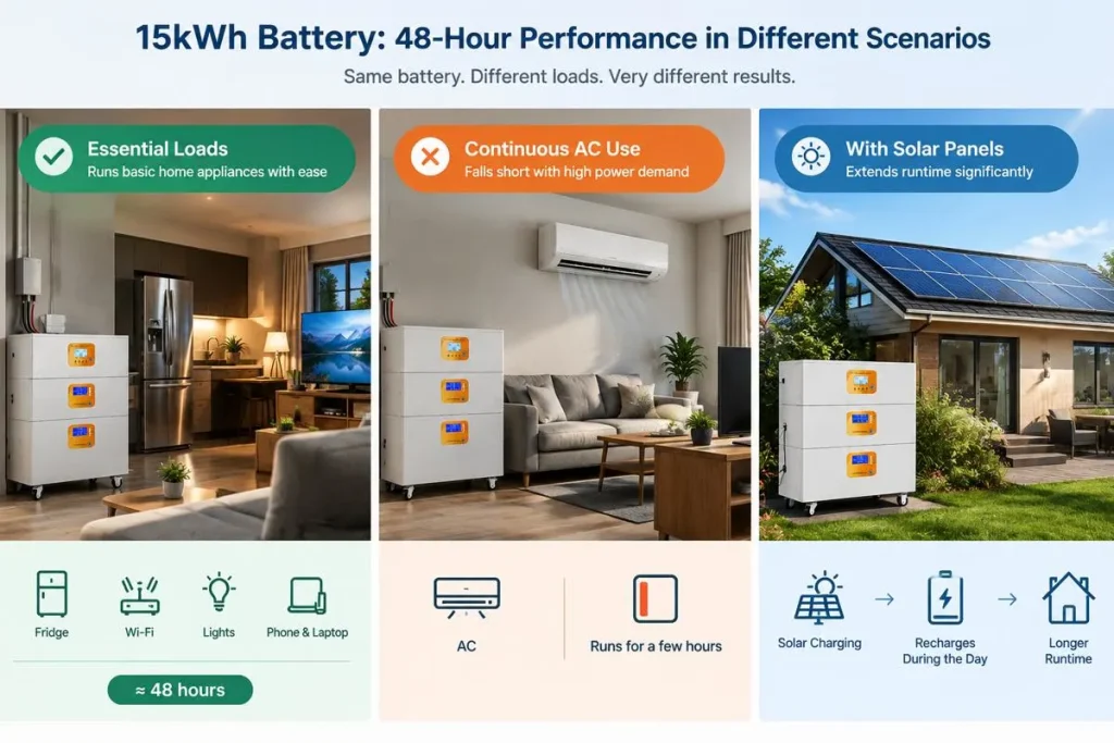 Scenario analysis chart for a 15kWh home backup battery over a 48-hour outage period