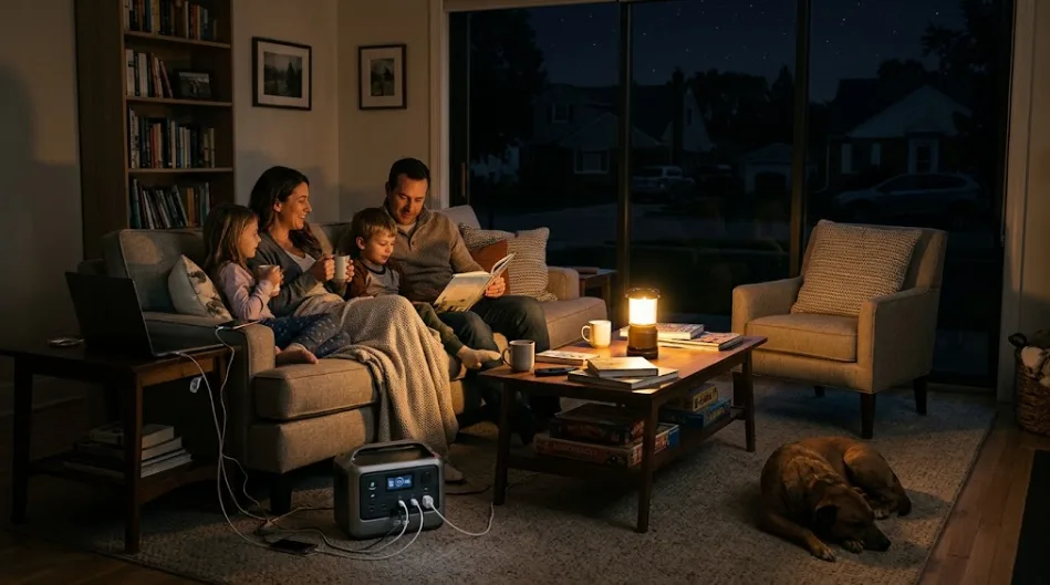 A prepared family relaxing in a warm living room during a nighttime power outage powered by a portable power station and LED lanterns.