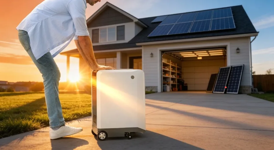 Homeowner moving a large portable power station outside a house equipped with rooftop solar panels at sunset.