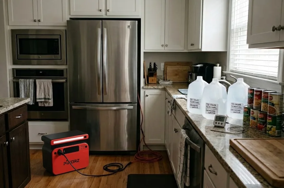 Stainless steel refrigerator connected to a portable power station for pulse cooling alongside 3-day emergency drinking water supply.