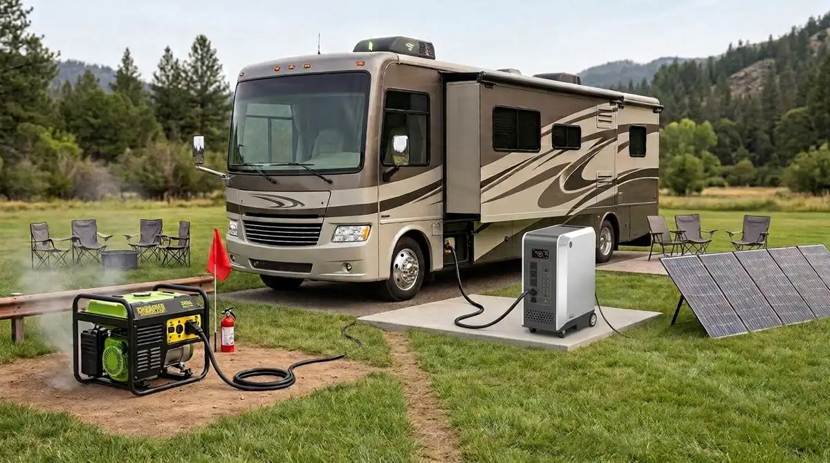 RV air conditioner powered by portable gas generator and battery solar power station at a campsite